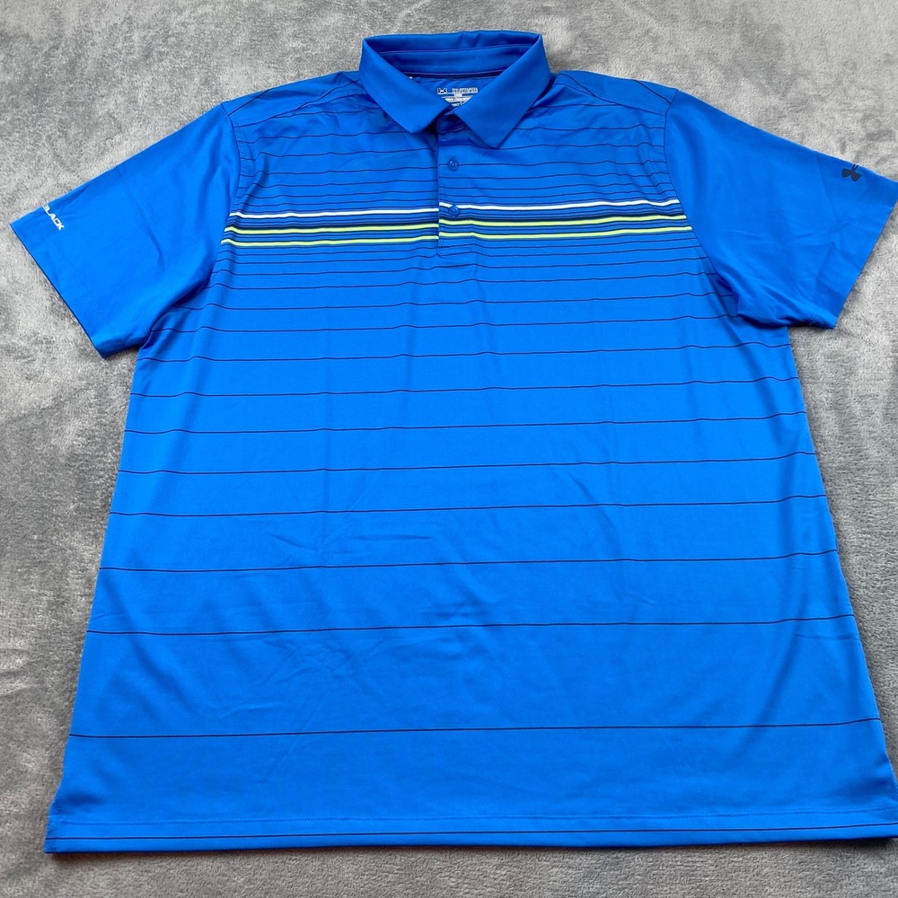 Under Armour Mens 2XL Polo Shirt Blue Striped HeatGear Coldblack Short Sleeve